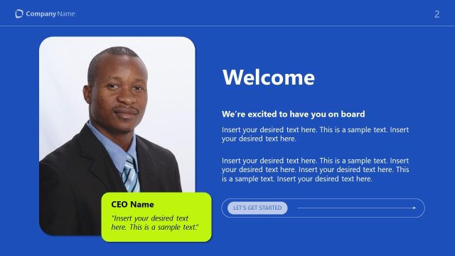 CEO Welcome Message Slide with Image