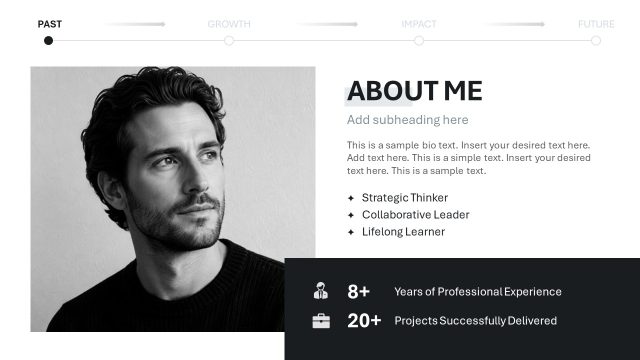 About Me Slide with Image & Key Highlights