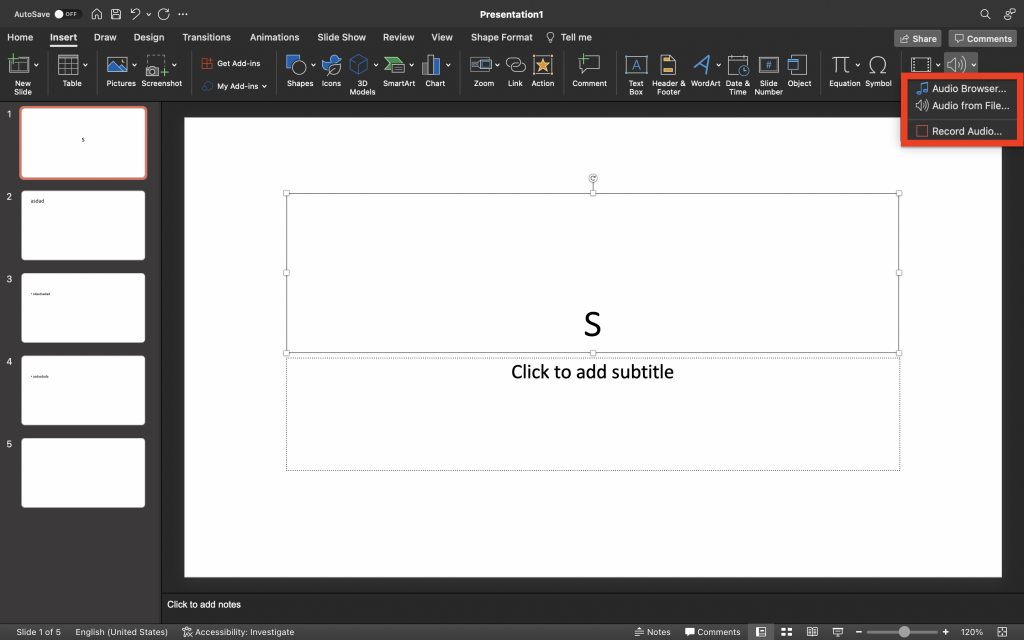 options for inserting audio in PowerPoint