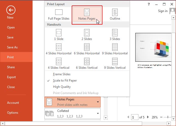 how to print presentation notes