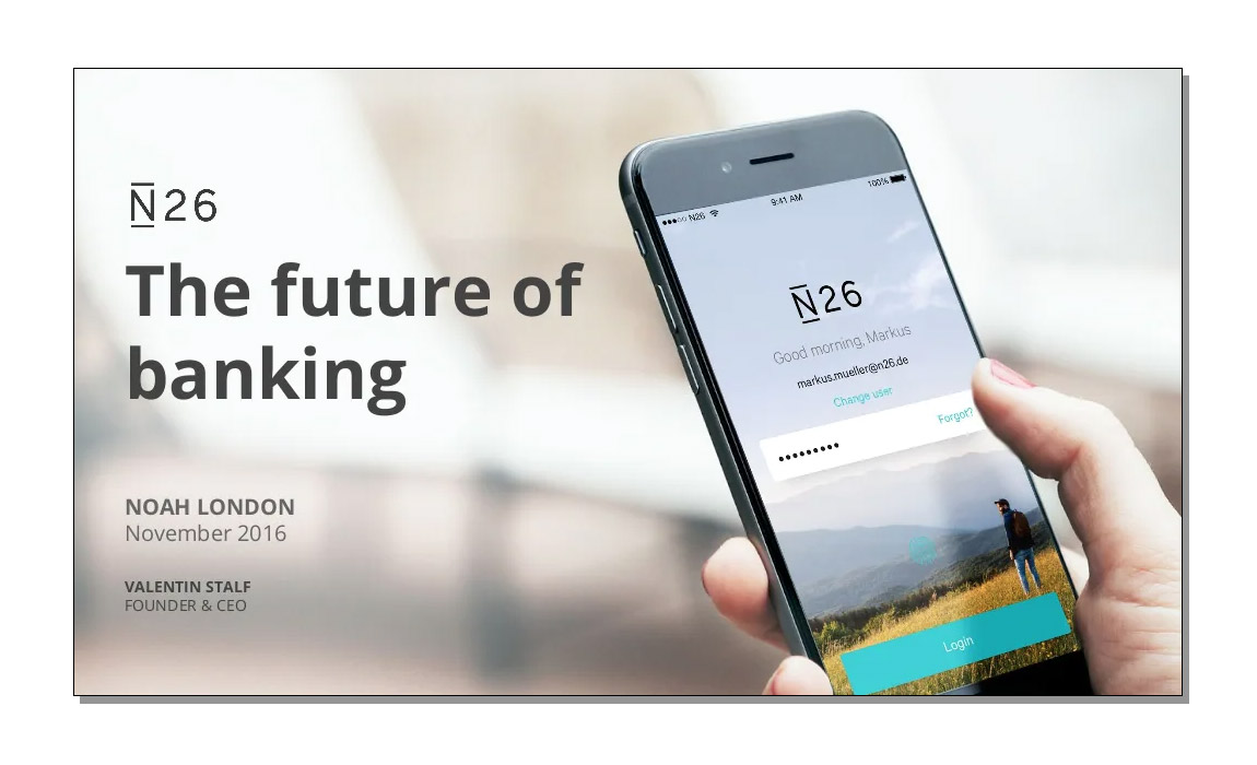 The Future of Banking by N26. An example of a Business Presentation with a nice cover image.