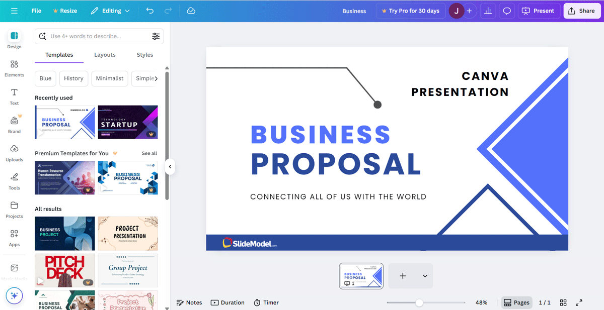 Canva for presentations as software