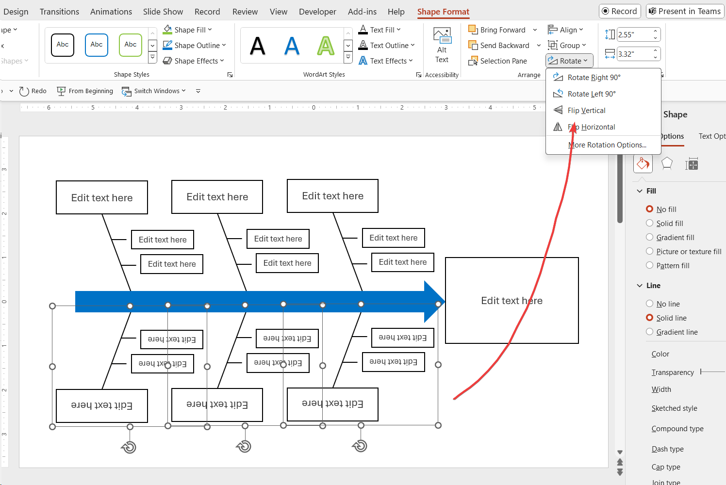 Add more sub-causes to the fishbone diagram in PowerPoint