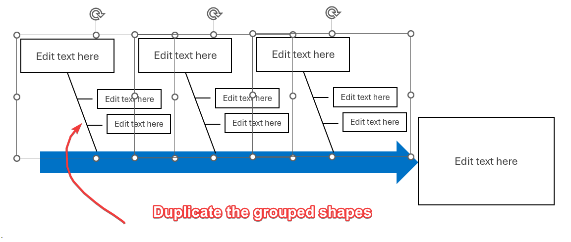 Duplicate the grouped shapes - Showing how to duplicate shapes in PowerPoint to present the Causes & Sub-causes in a Fishbone Analysis