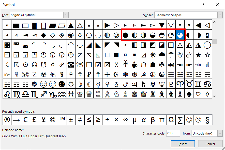Symbol dialog box showing Harvey Balls symbols in Microsoft PowerPoint