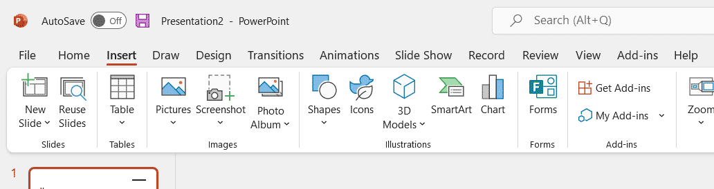 Insert Tab menu in PowerPoint