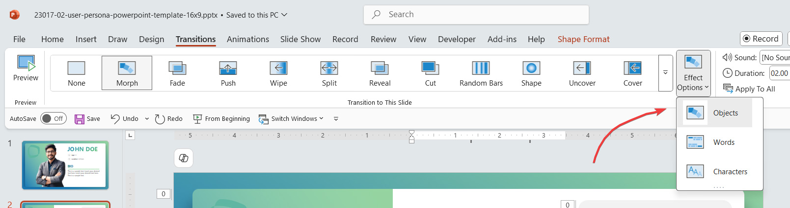 Control how the objects are animated when using Morph transition in PowerPoint