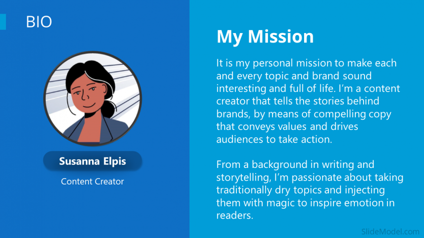 Creative Self introduction slide with Mission Statement. Useful to present slides About Me or for self-introduction presentations.