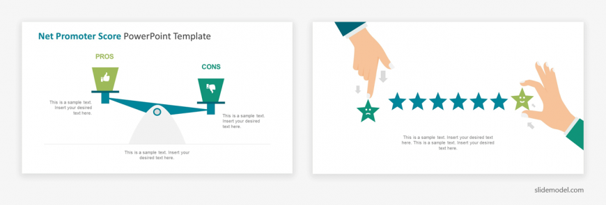 An image of two slides with NPS promoter score PPT template slides.