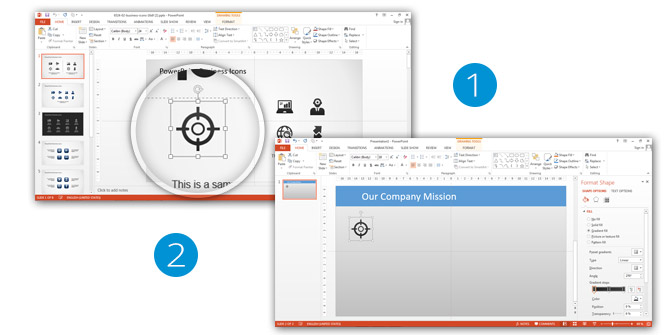 Icons Tutorial Our Company Mission Steps 1 and 2