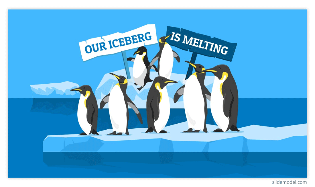 Our Iceberg Is Melting Concept with Penguins in an Iceberg