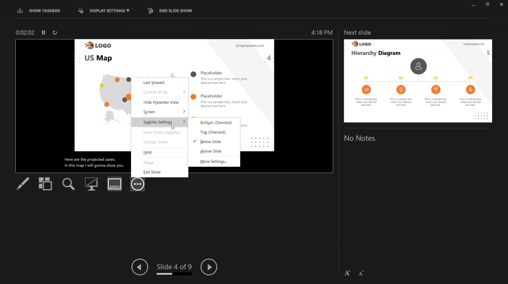 Subtitles in PowerPoint using Presenter's View