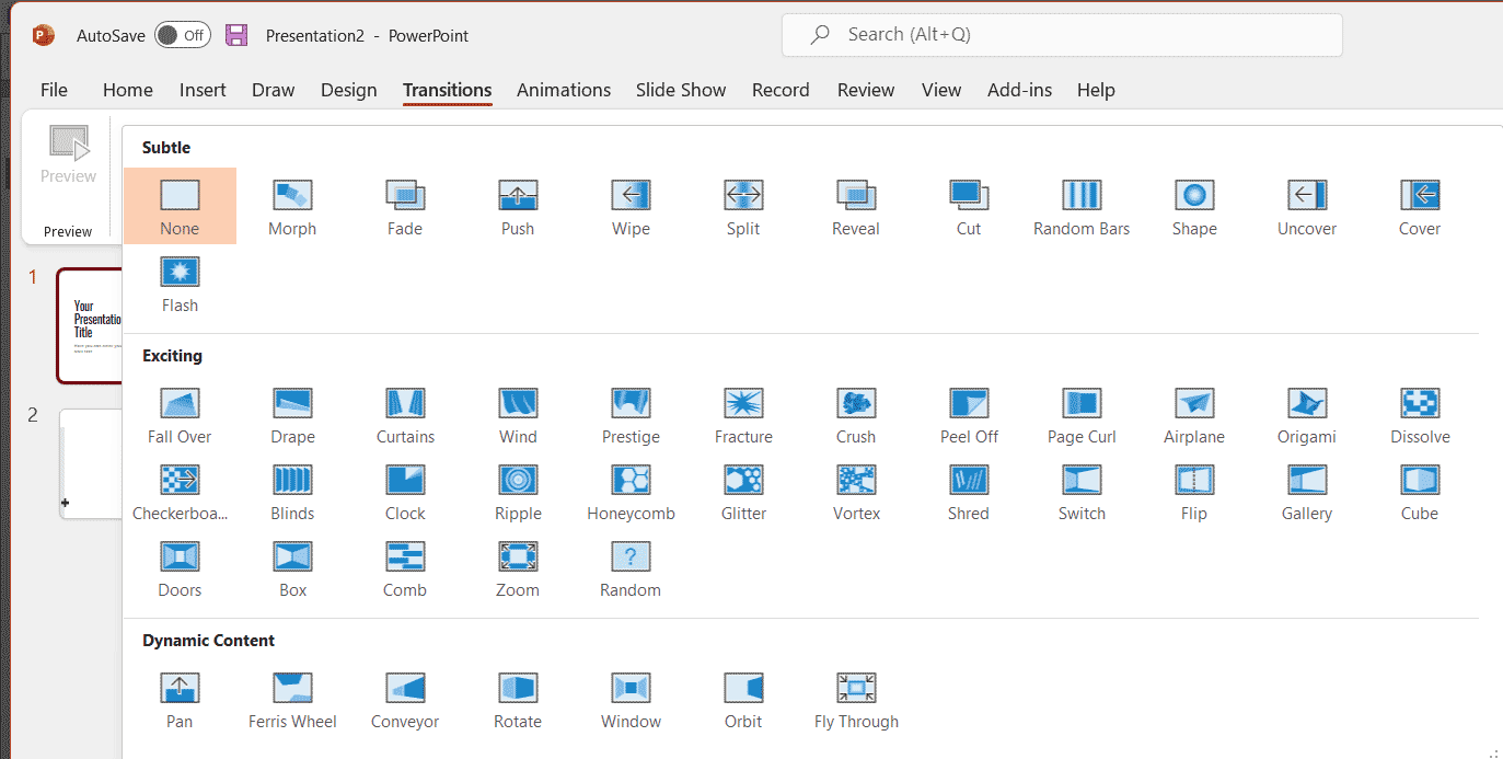 Transitions tab in PowerPoint